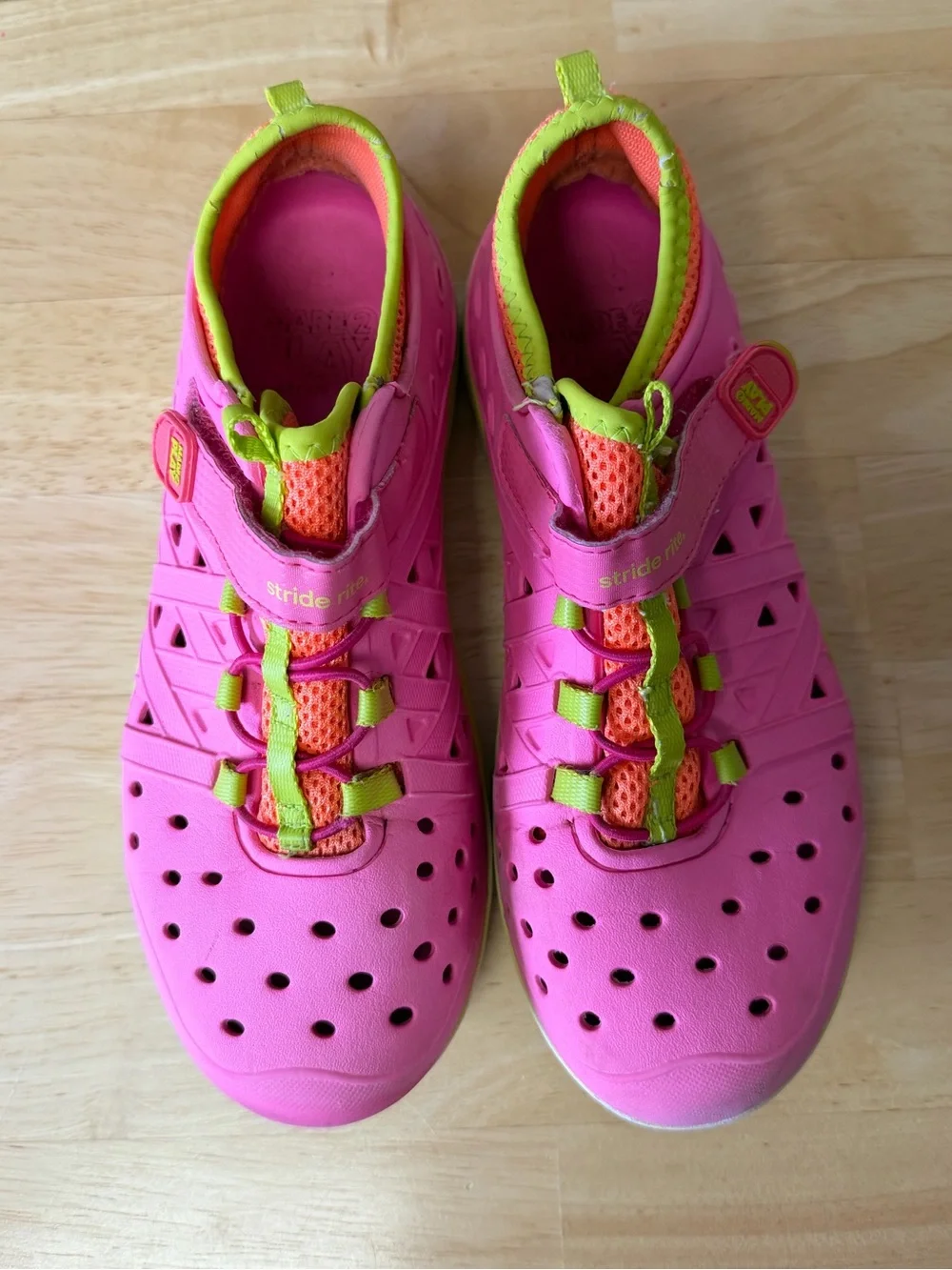 Stride Rite Made2Play Phibian pink water shoes with bright green and orange 3